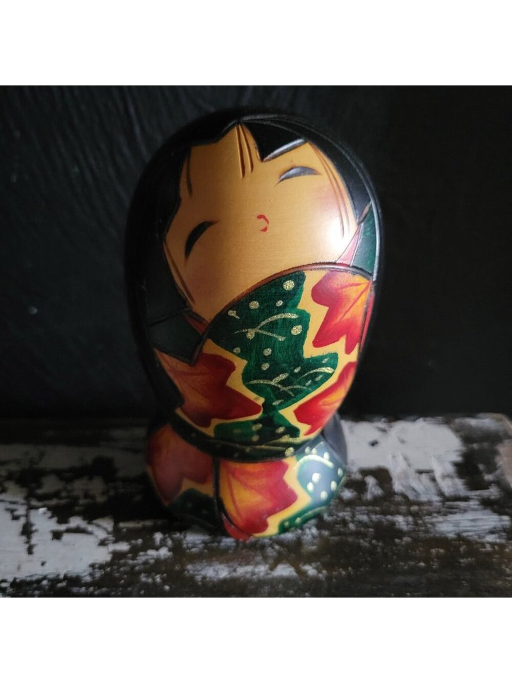 Vintage Japanese Kokeshi Doll 4.75" Handpainted and Signed Maple Leaf Design